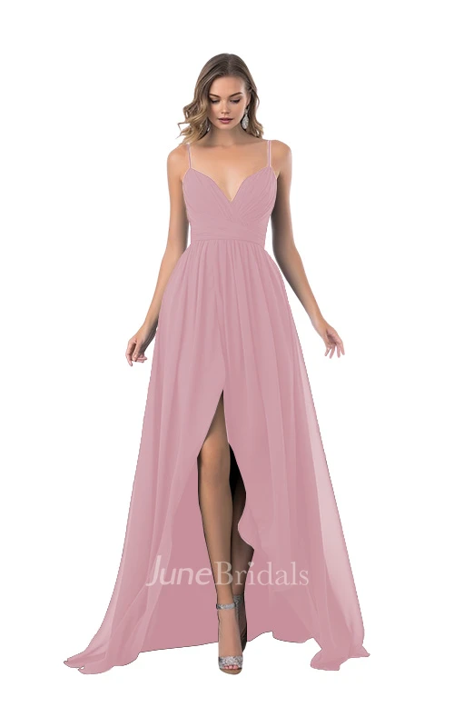 Romantic A-Line Spaghetti Chiffon Bridesmaid Dress with Split Front