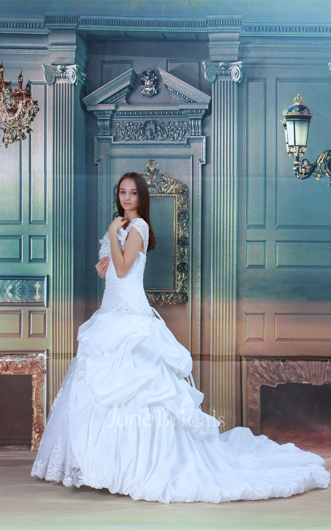 lace pick-up ball a-line strapped gown with pick-up design and beading