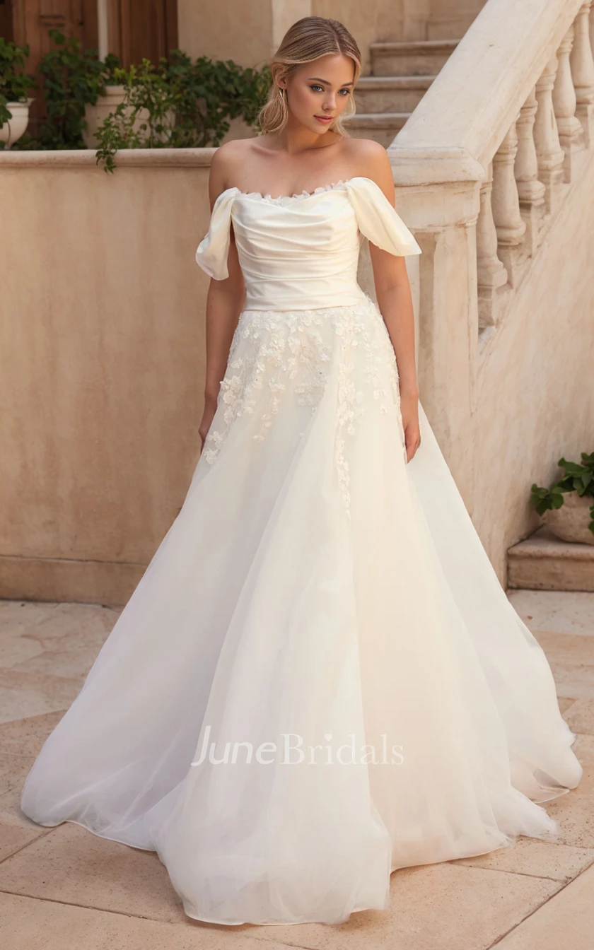 Vintage Romantic Off-the-Shoulder A-Line Lace Spring Wedding Dress Ruching Princess Ball Gown