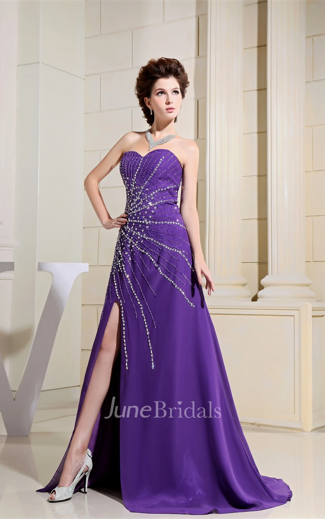 Sweetheart Front-Split Maxi Dress with Crystal Detailing