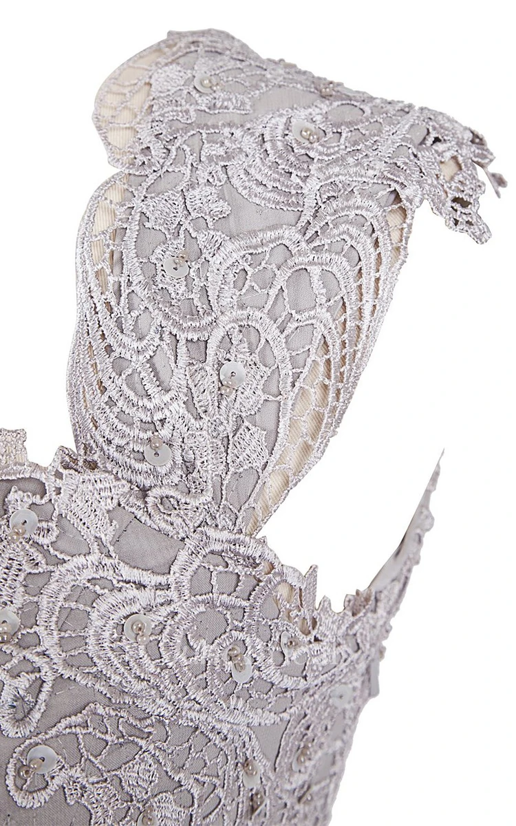 Beaded Lace Appliqued A-line Gown With Satin Band