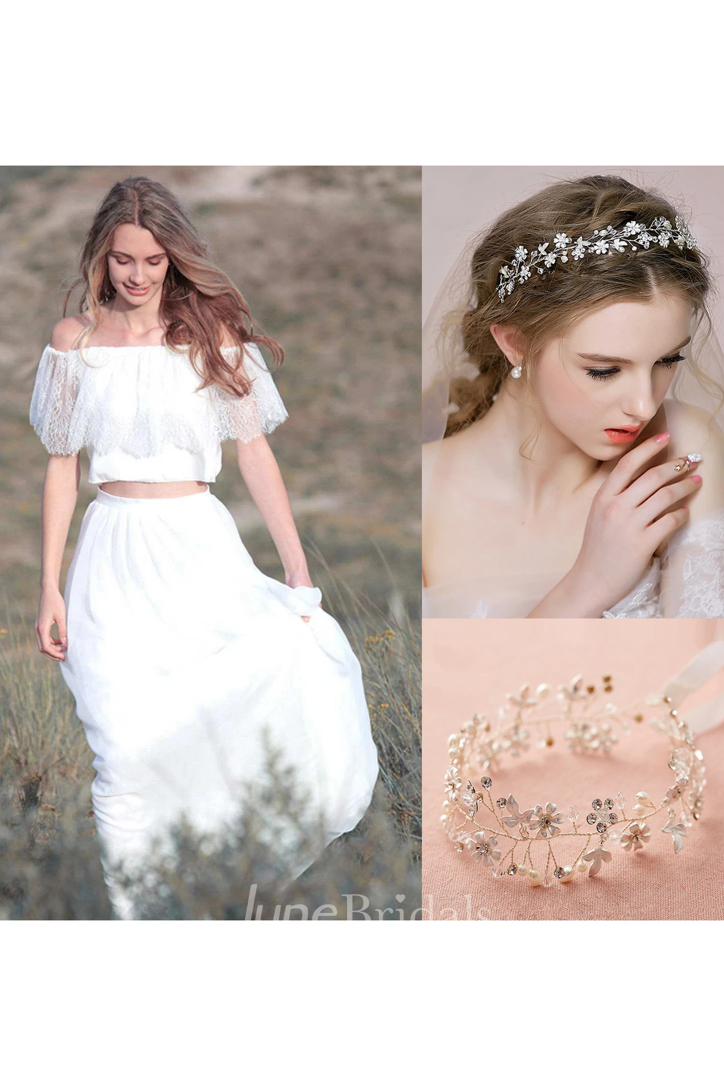 Off-The-Shoulder Chiffon Lace Wedding Dress and Bridal Crown Headdress Hair Band