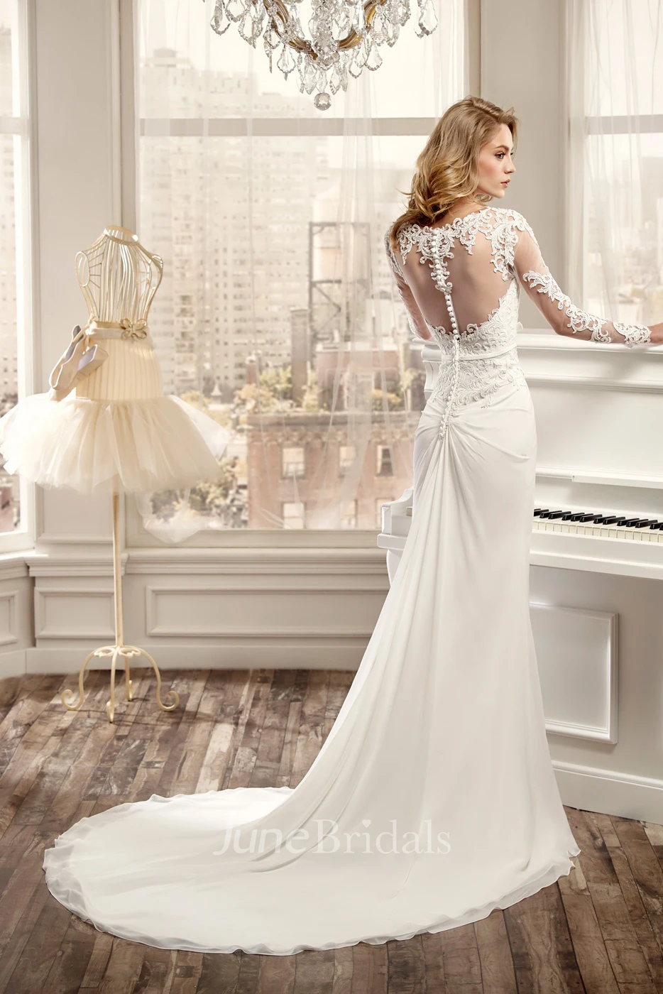 Long-Sleeve Sheath Wedding Dress With Brush Train And Back Draping