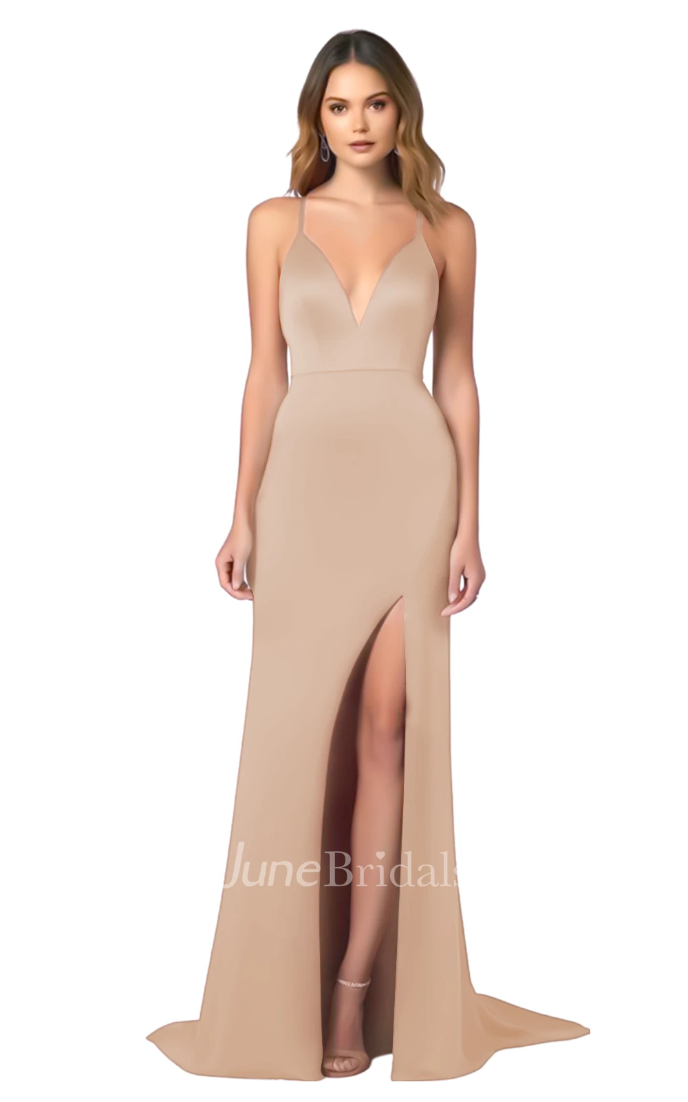 Modern A-Line Spaghetti V-neck Satin Bridesmaid Dress with Split Front
