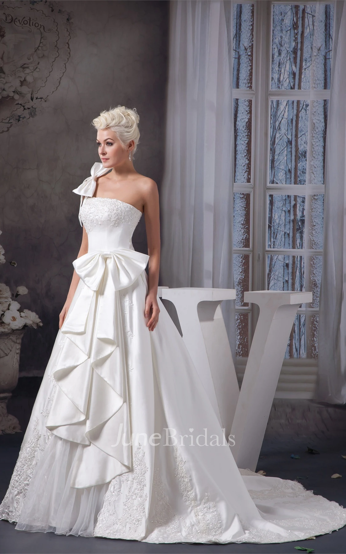 Sleeveless Appliqued Ball Gown with Bow and Single Strap