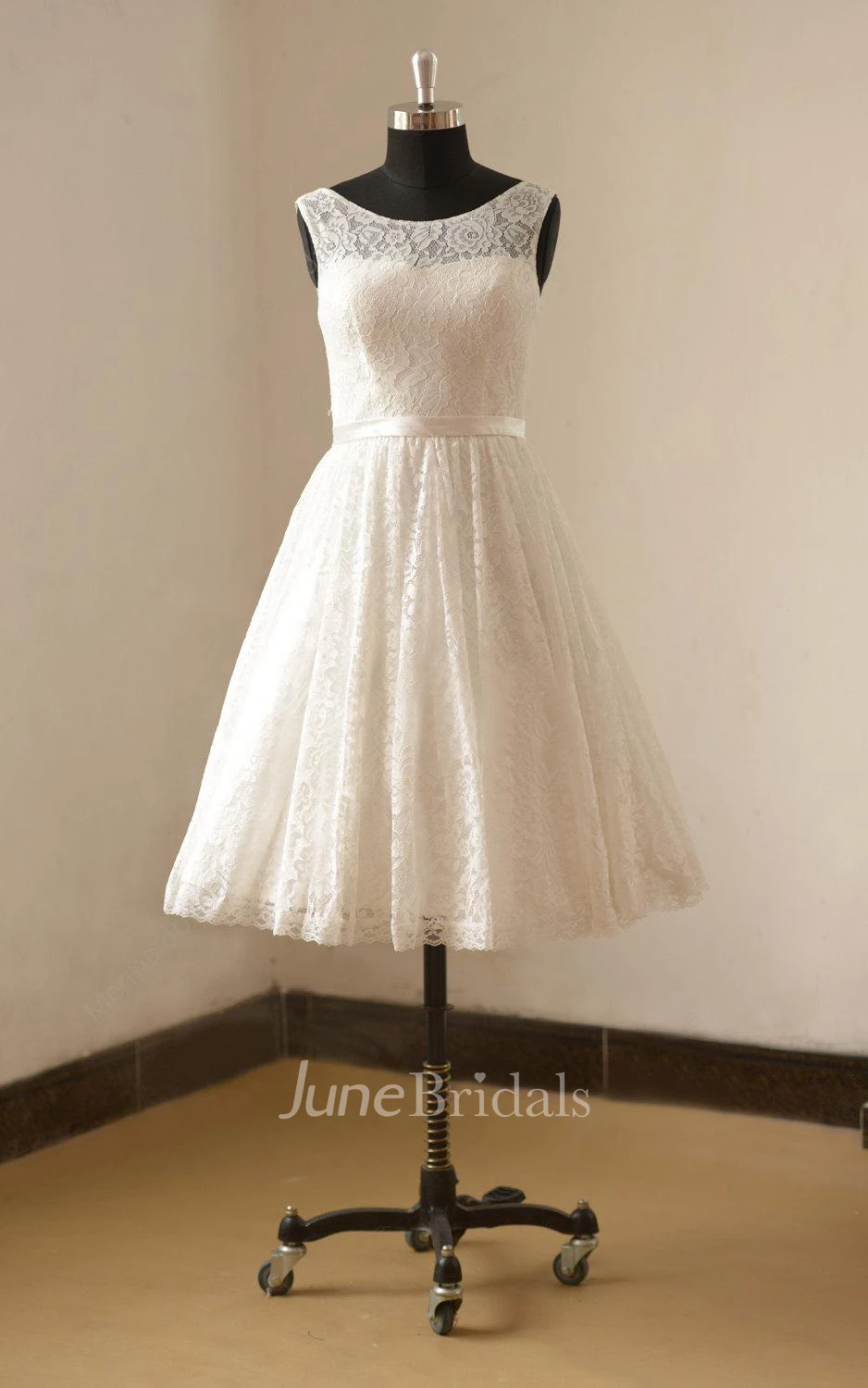 Bateau Neck Sleeveless Tea-Length Lace Wedding Dress With Satin Sash