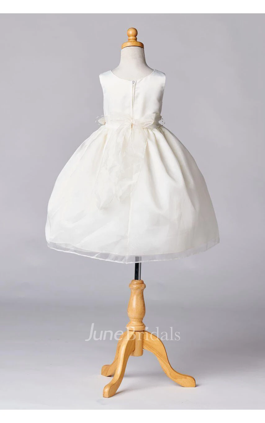 Flower Girl Dress Ivory Satin Organza Layered Skirt With Flowers Waist