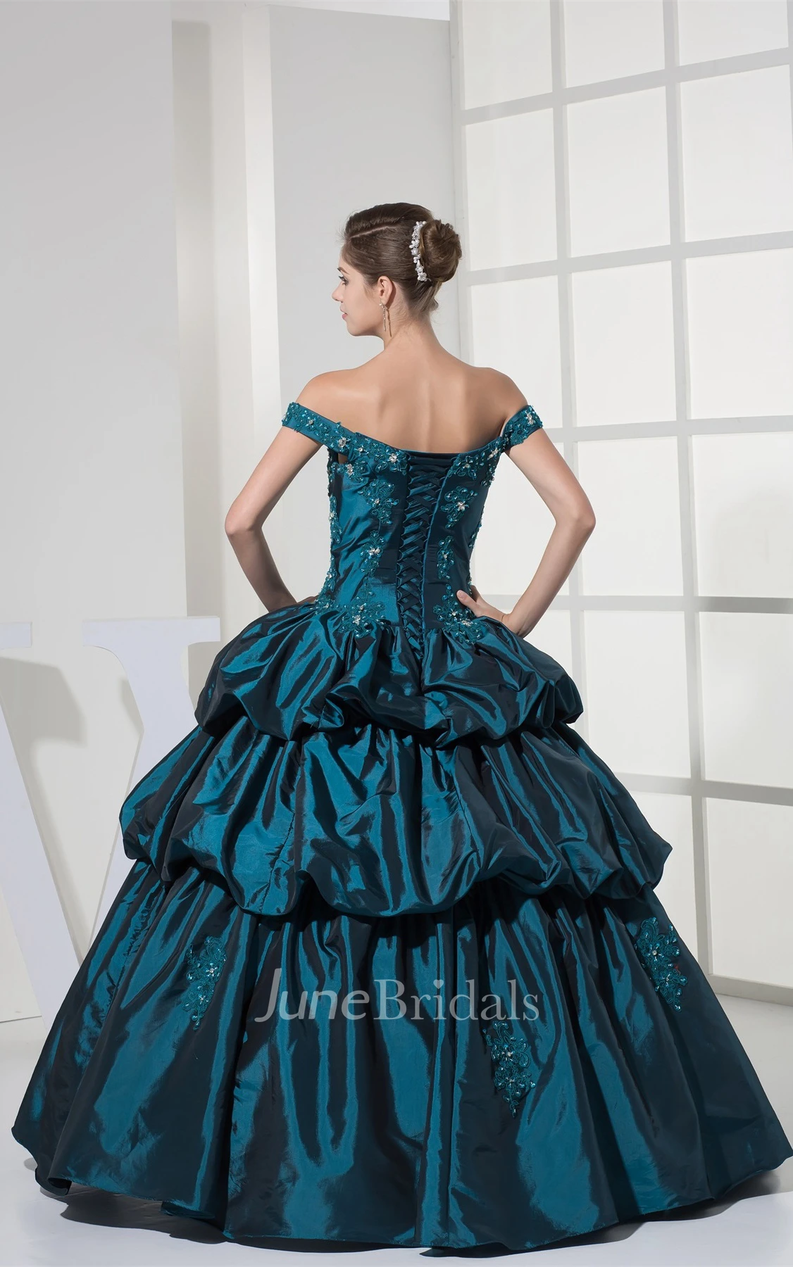 Strapped Pick-Up Ball Gown with Appliques and Corset Back
