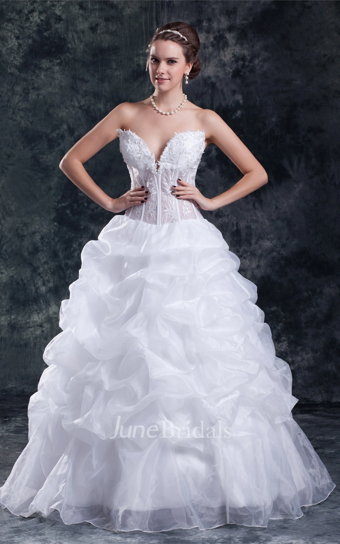 plunged ruffled ball strapless gown with embroideries