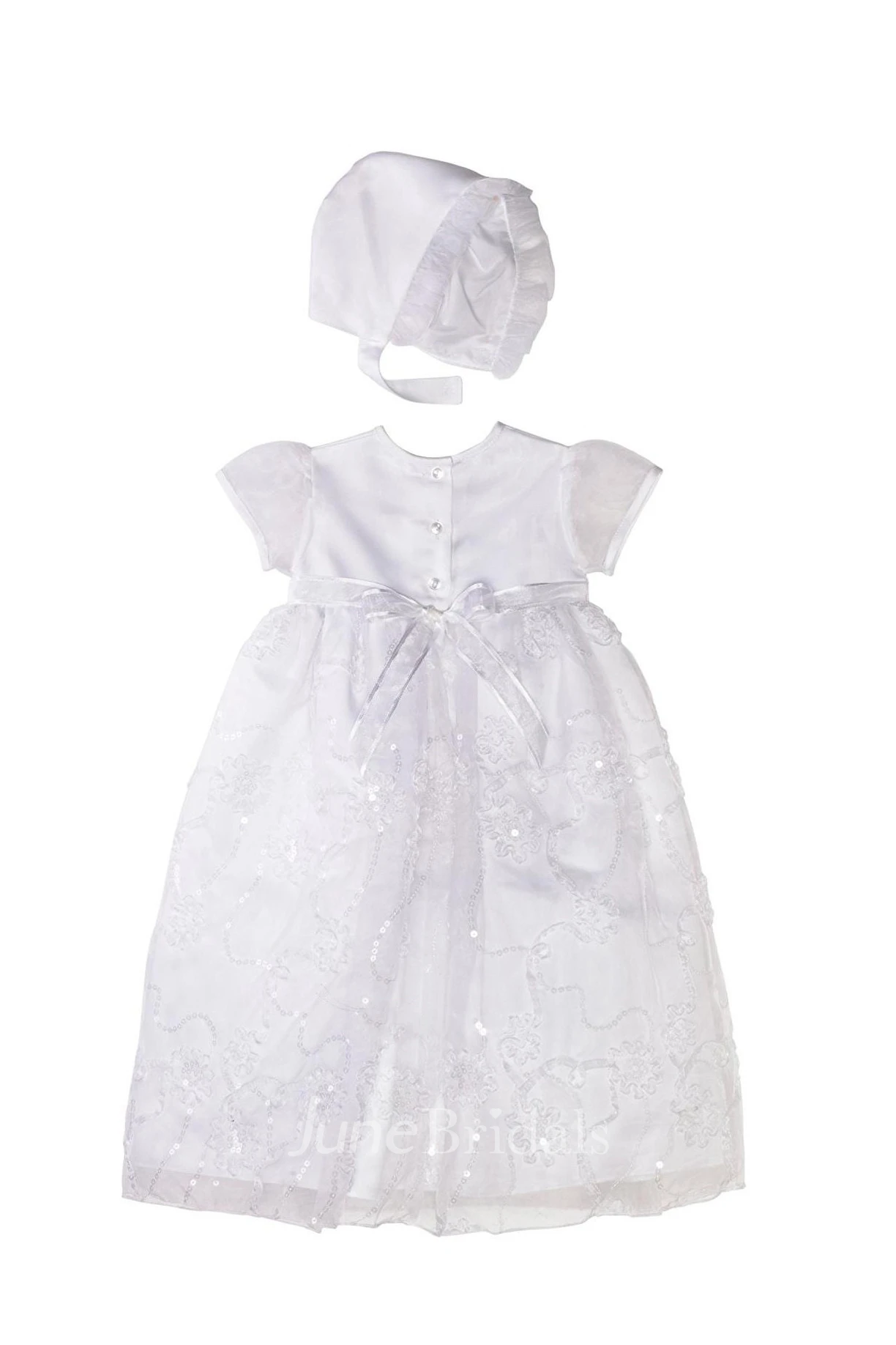Simple Short Sleeve Christening Gown With Sash