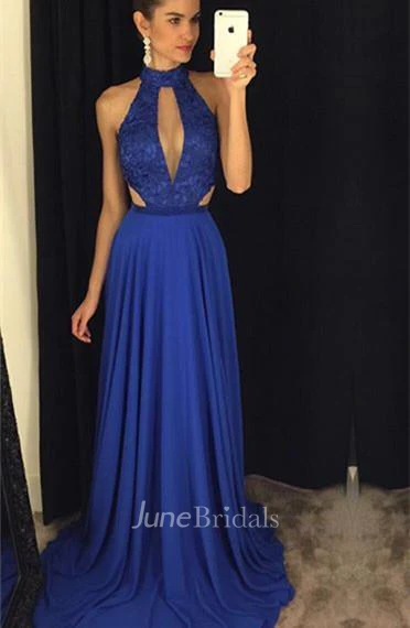 Newest High Neck Royal Blue Prom Dress Lace A-line