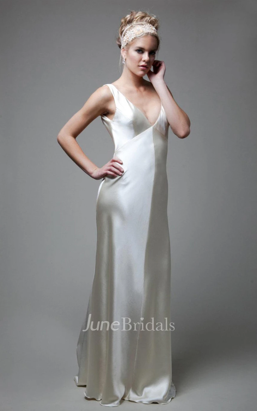 V-Neck Empire Sleeveless Deep-V Back Sheath Long Satin Wedding Dress