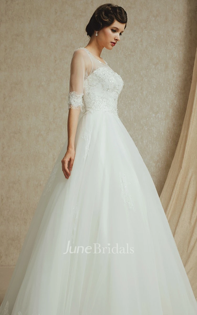 Noble 3 4 Sleeve A-line Organza and English Net Gown With Beading