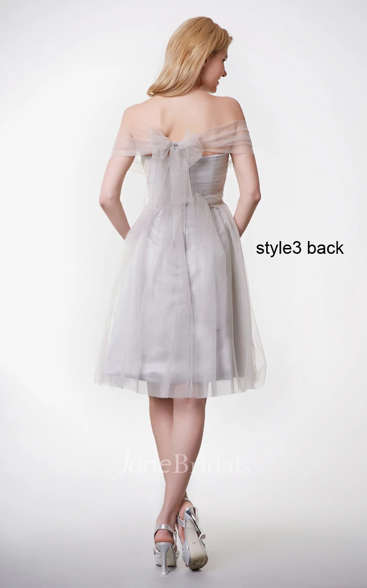 Short Sleeve Pleated Short A-line Tulle Dress With Changeable Ruched Belt