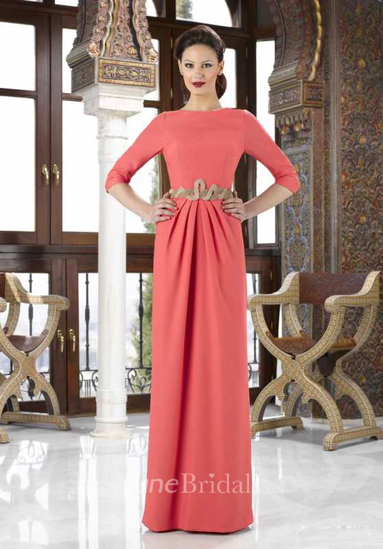 sheer Bateau 3-4-sleeve Dress With Draping And Jeweled Waist