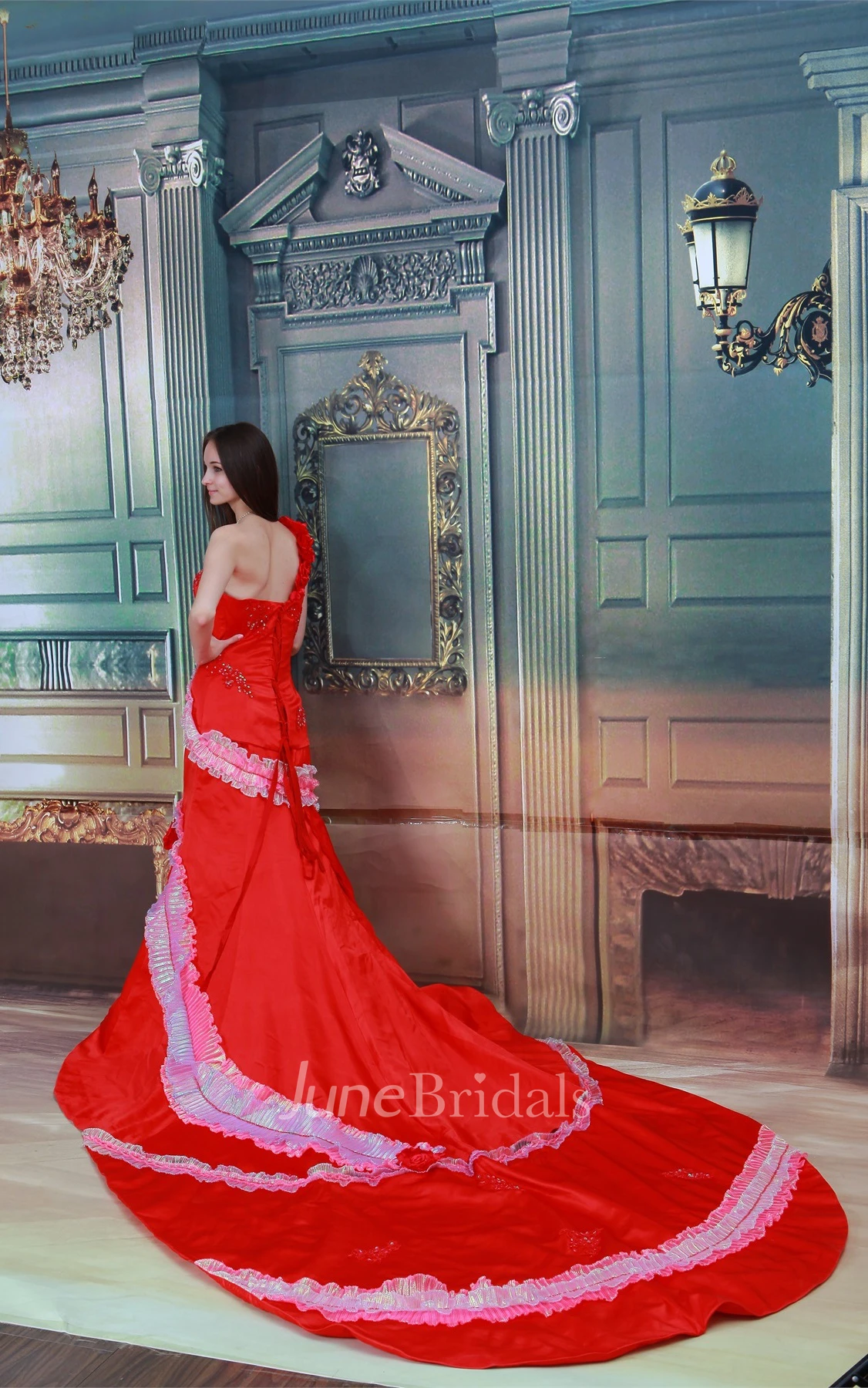 single-strap maxi beaded a-line dress with cathedral train and flower