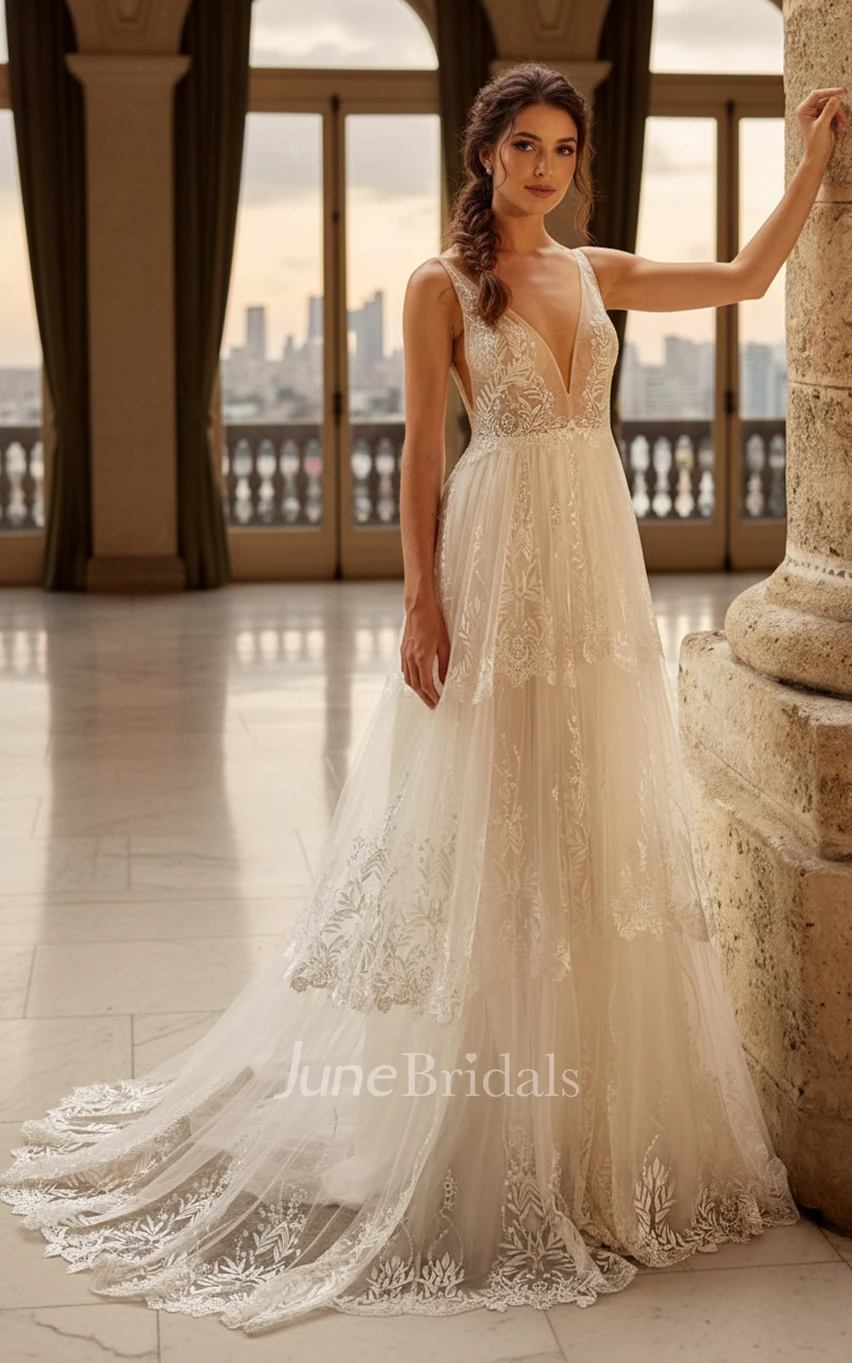 Bohemian Beach A-Line Lace Wedding Dress Ethereal Sleeveless Deep V-Neck Bridal Train Gown