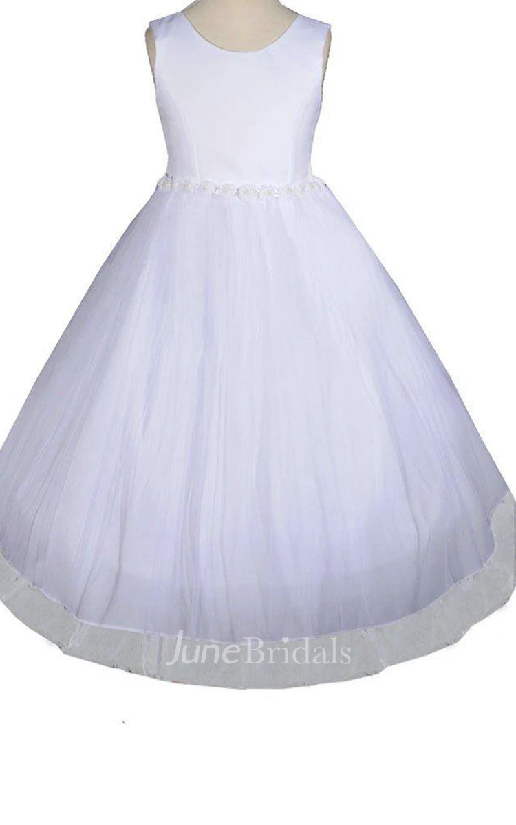 Sleeveless Scoop-neck A-line Tulle Dress With Flowers