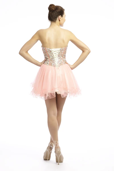 A Line Sweetheart Short Mini Beaded Sleeveless Tulle Prom Dress With Ruffles