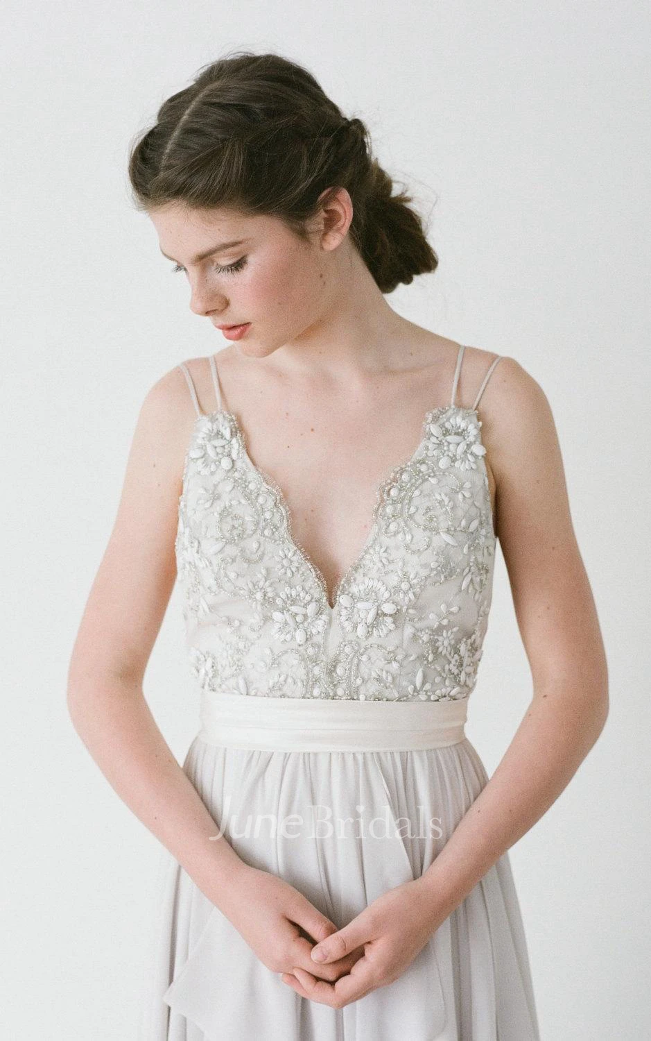 Romantic Double Strap Long A-Line Chiffon Wedding Dress With Beading