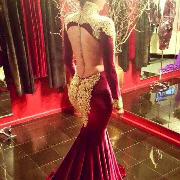 Stunning Long Sleeve Golden Appliques Evening Dresses Mermaid With Train