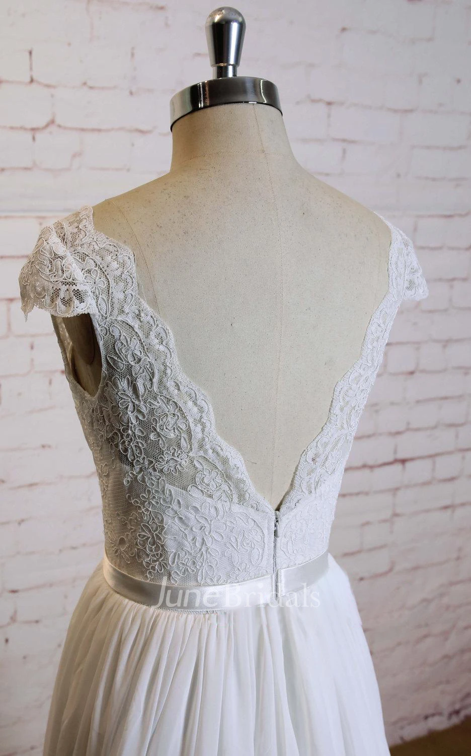 V-Neck Cap Sleeve A-Line Chiffon Wedding Dress With Lace Top and Satin Sash