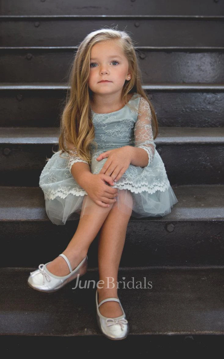 3 4 Lace Sleeve High Neck Tulle&Lace Dress With Flower