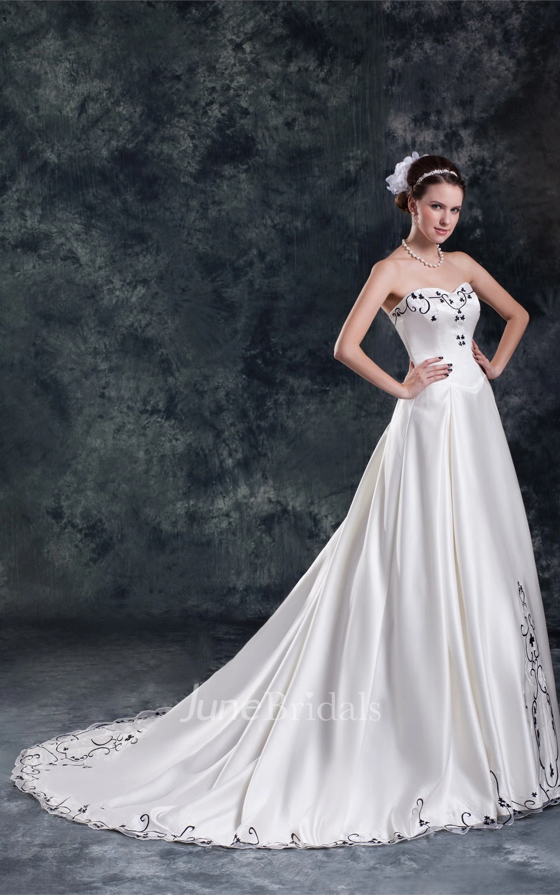 Strapless Satin Pleated Ball Gown with Embroideries