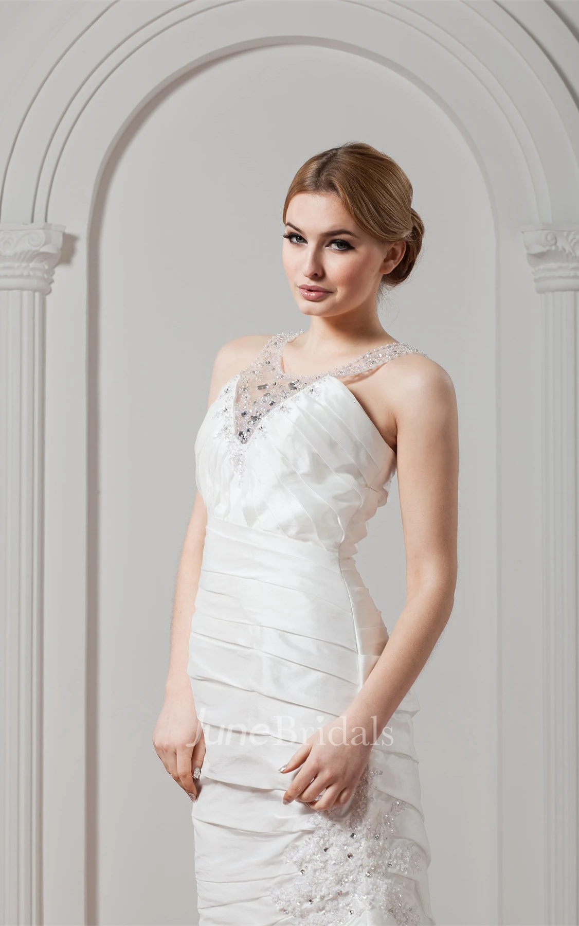 Sleeveless Column Ruched Gown with Appliques and Jeweled Neckline
