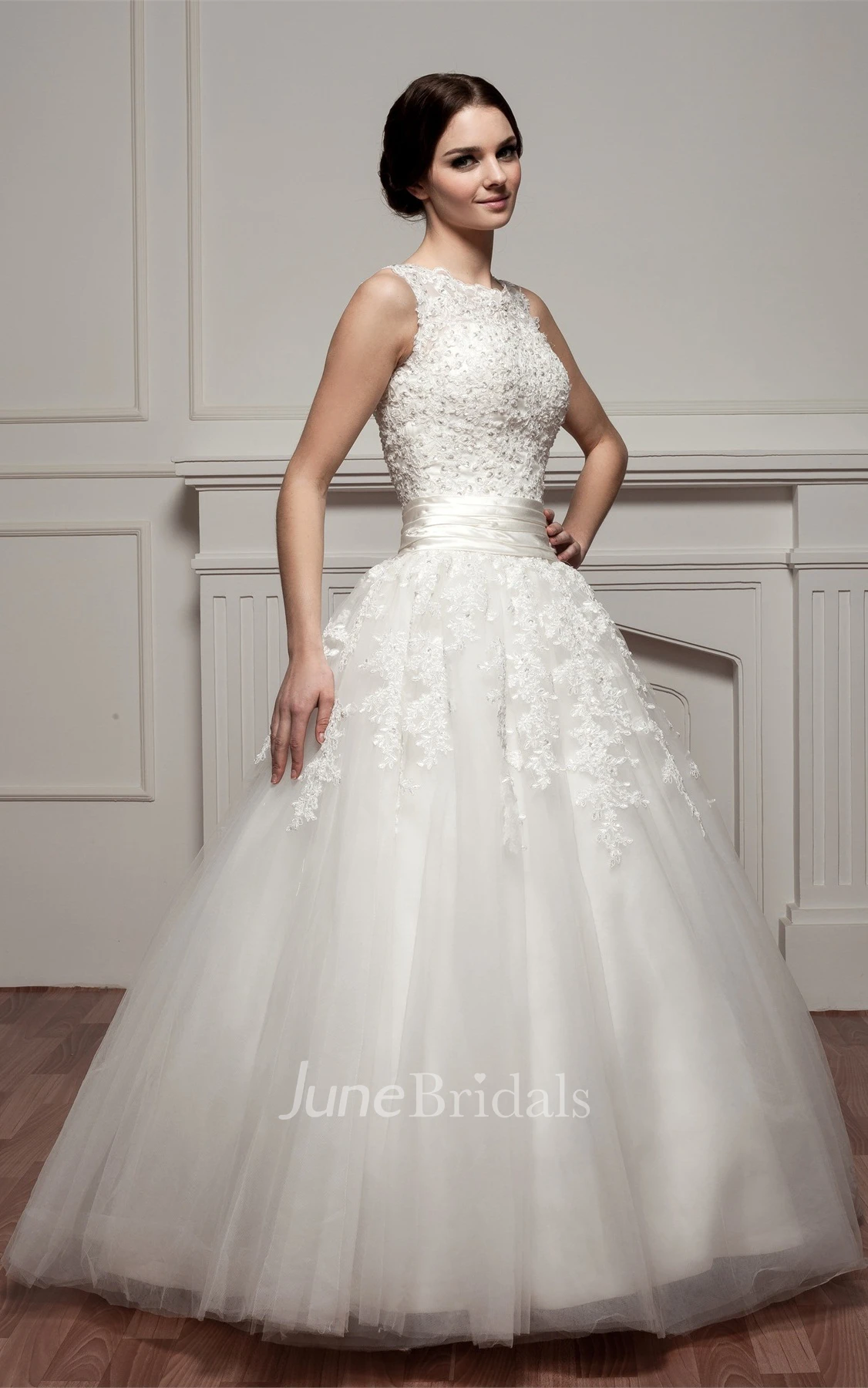Bateau-Neck Sleeveless Ball Gown with Appliques and Tulle Overlay