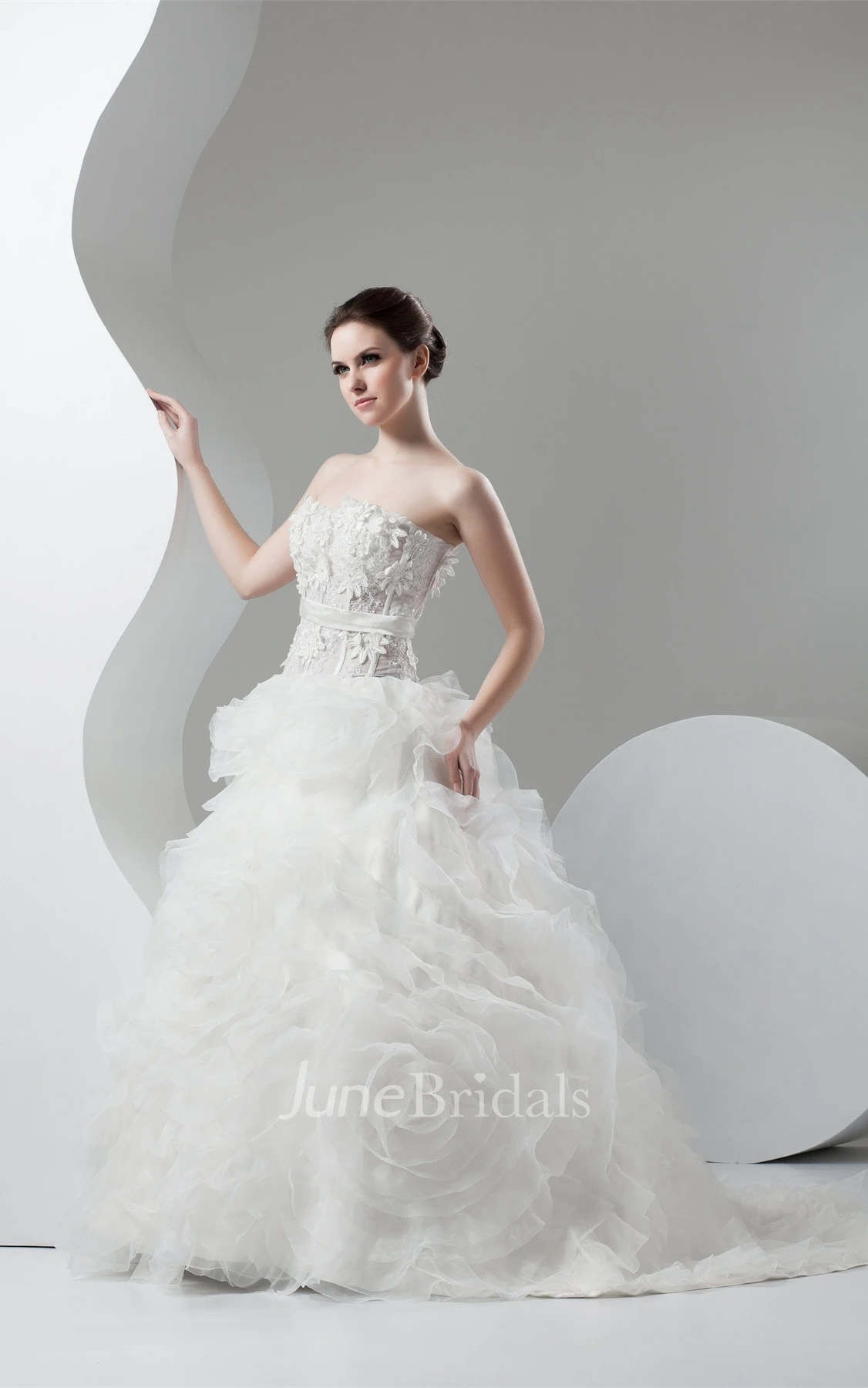 Strapless Ruffled Ball Gown with Flower and Appliques
