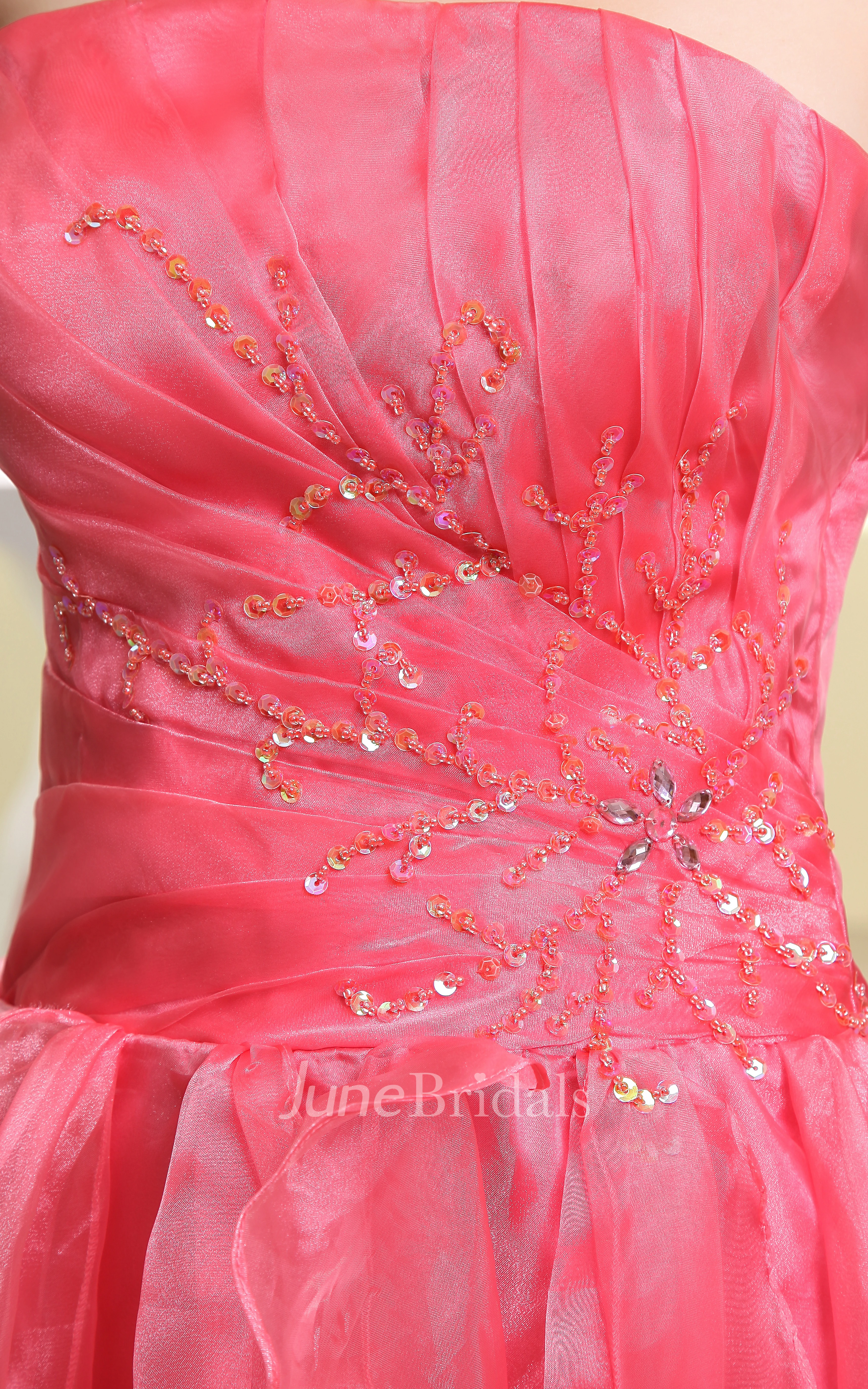 Strapless Organza High-Low Dress With Ruching and Ruffles