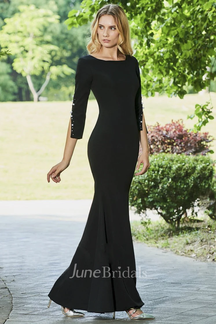 Elegant 3/4 Sleeve With Pearls Mermaid Bateau Spandex Floor-length Dress