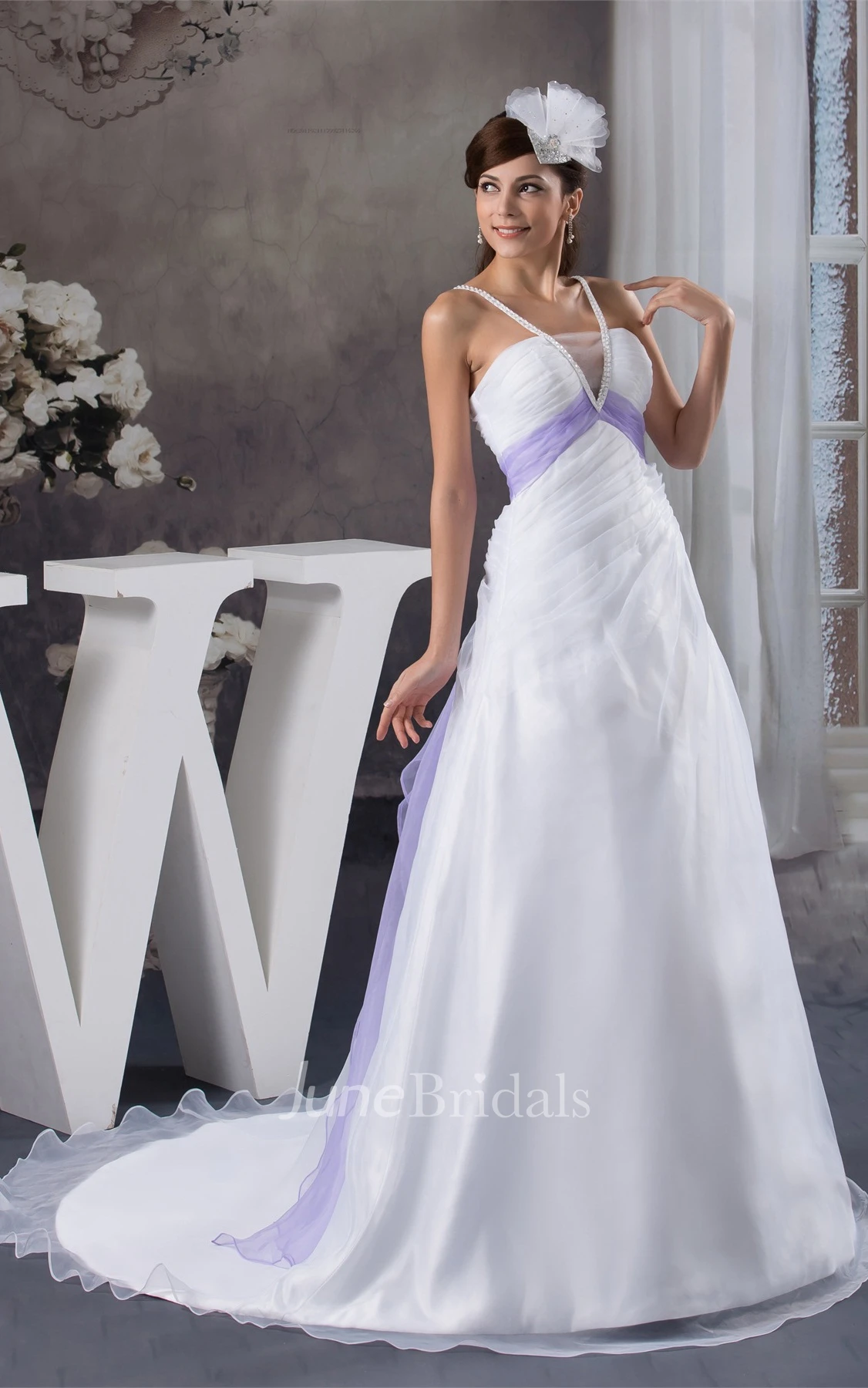 Sleeveless Ruched A-Line Gown with Beading and Court Train