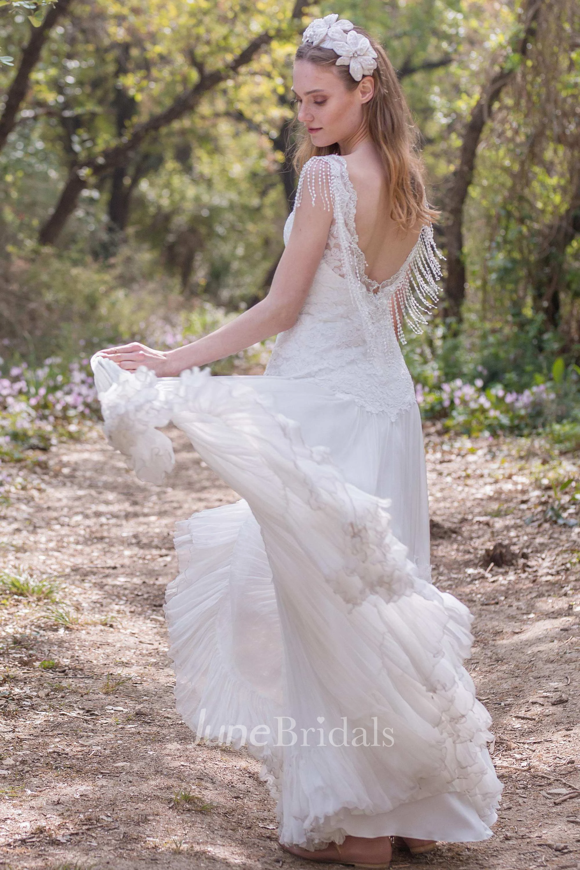 Plunged A-Line Pleated Wedding Dress With Appliques And Beading