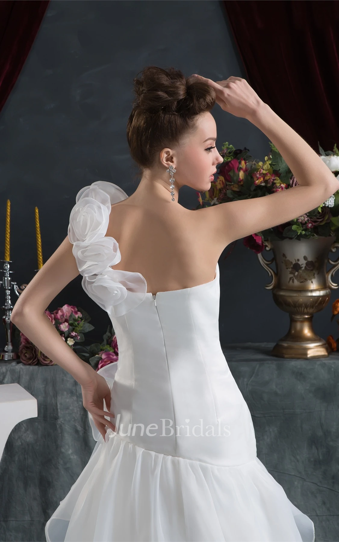 One-Shoulder Column A-Line Gown with Peplum and Flower