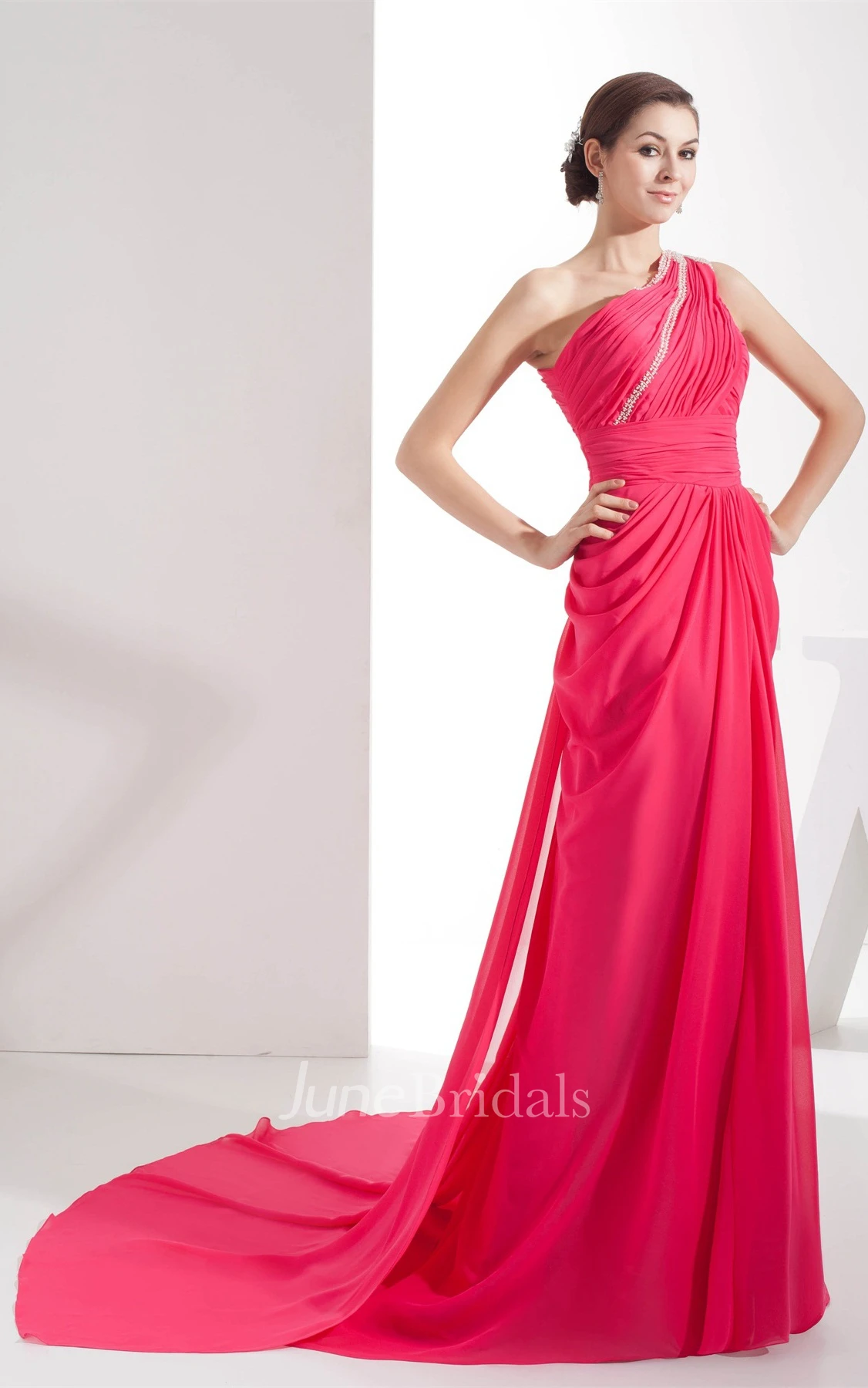 One-Shoulder Chiffon Beaded Dress with Central Ruching and Brush Train