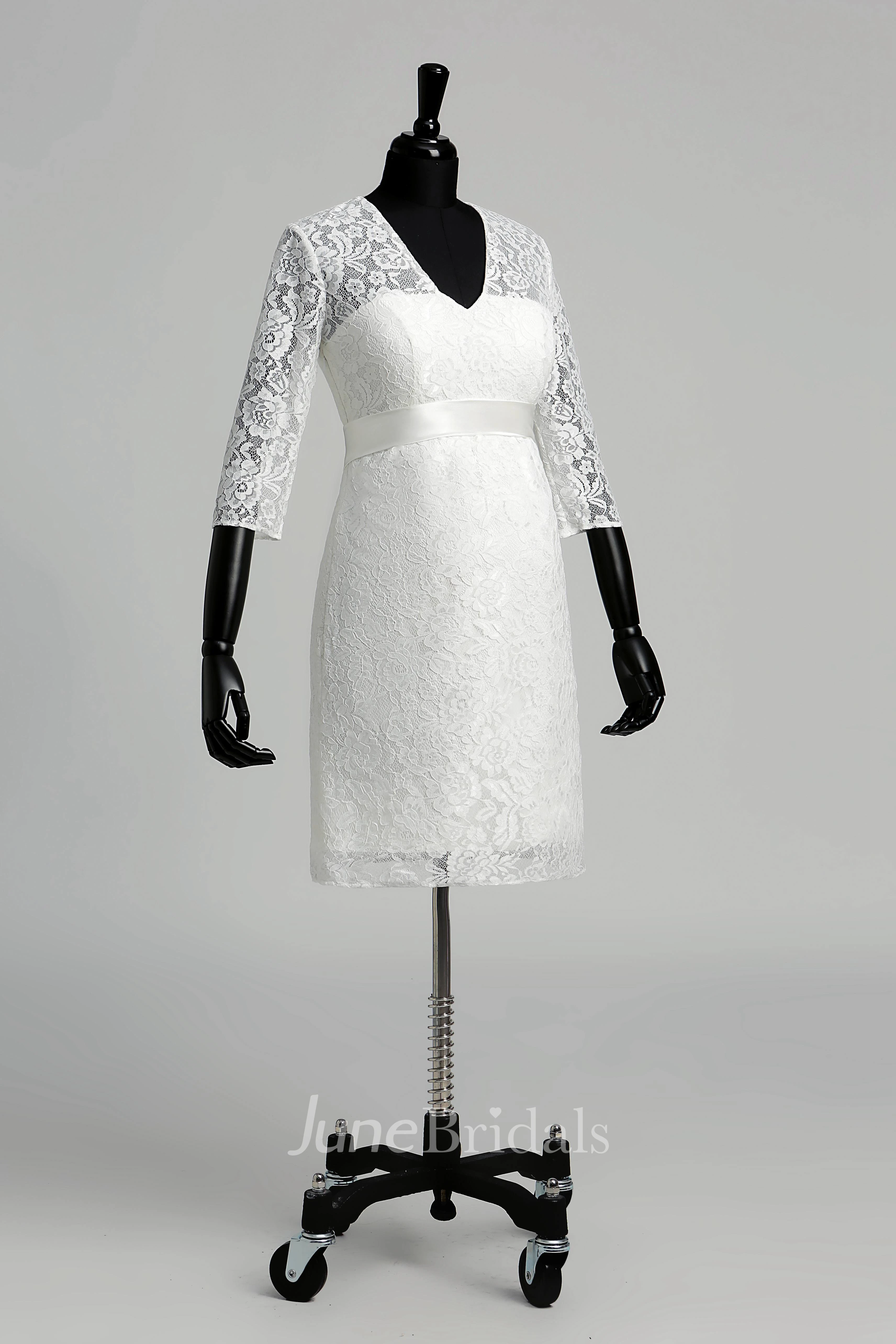 Knee-length A-line V-neck Illusion 3/4 Length Sleeve Illusion Lace Maternity Weeding Dress
