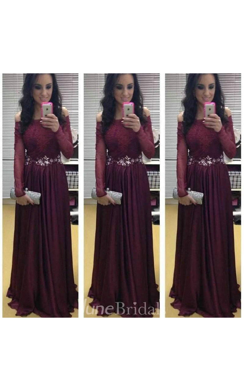 Stunning Long Sleeve Off-the-shoulder Evening Dresses Burgundy Lace Appliques Crystal