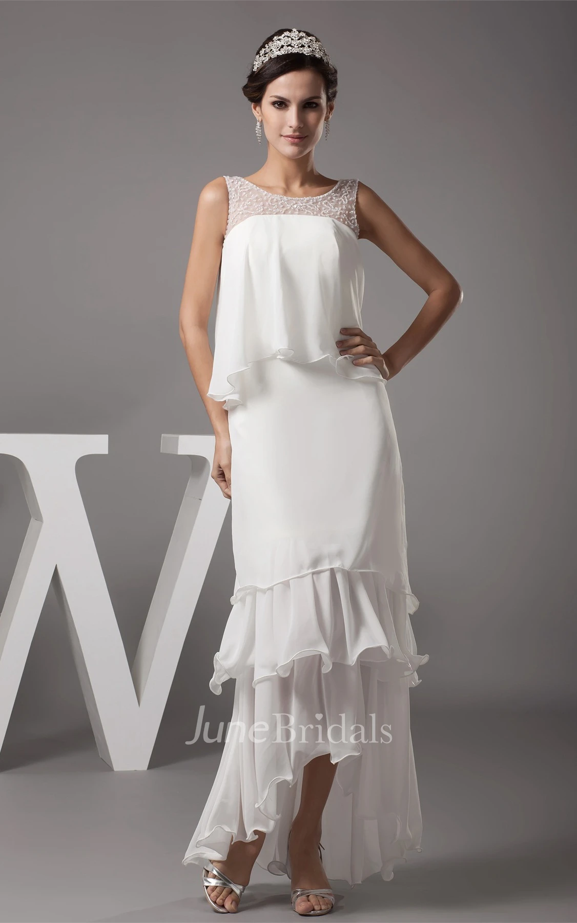 Sleeveless Chiffon Tiered High-Low Dress with Illusion Neckline