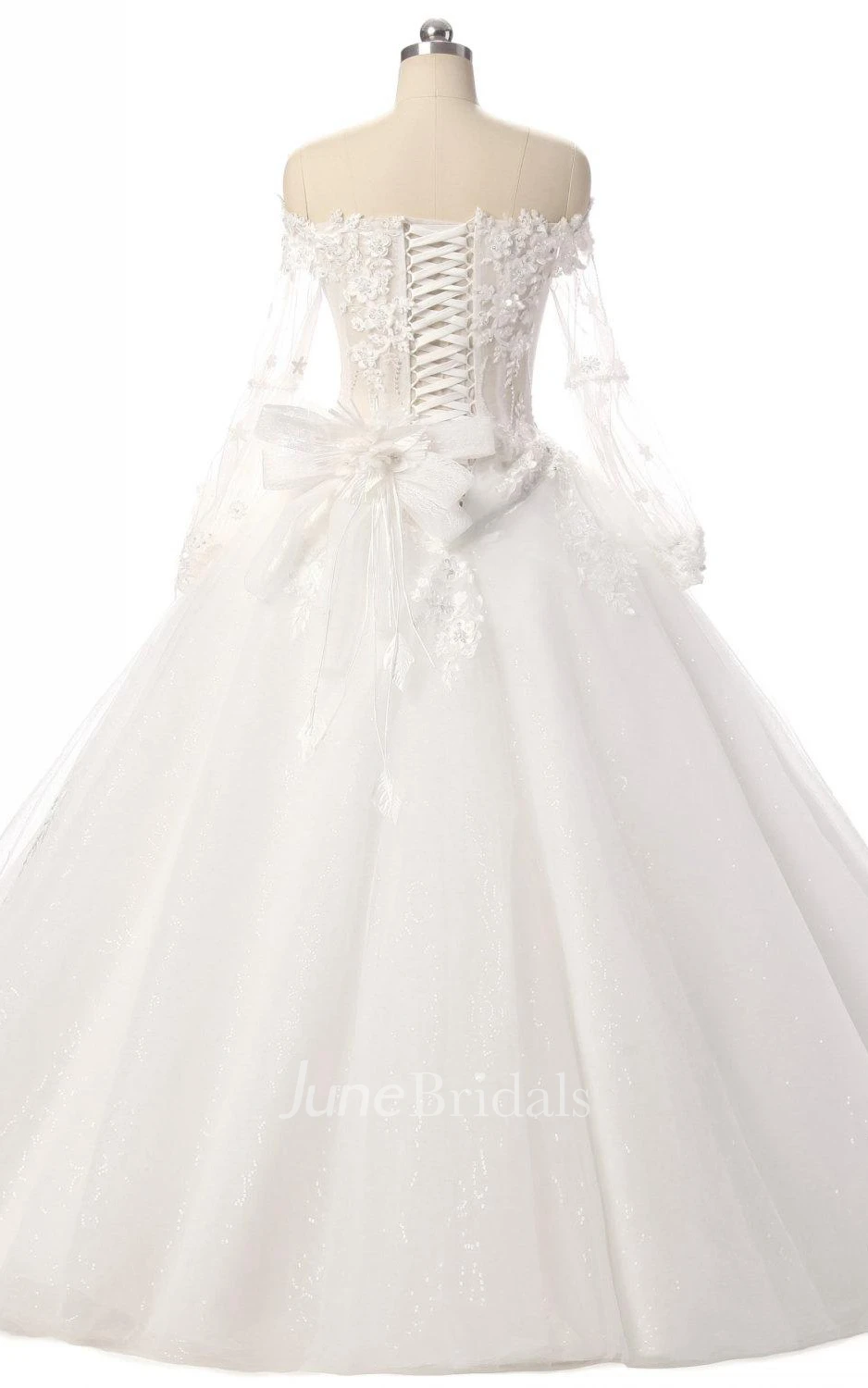 Ball Gown Illusion Long Sleeve Off-The-Shoulder Dress With Appliques