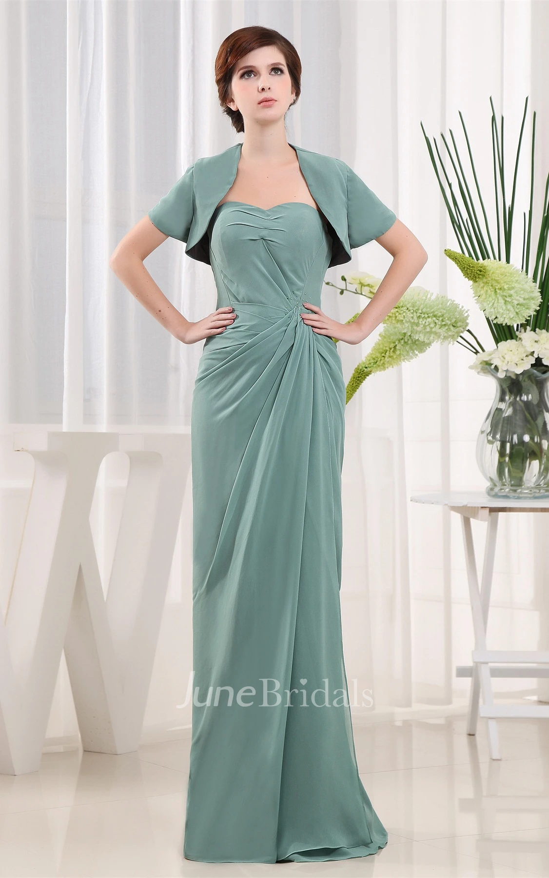 Sweetheart Chiffon Long Dress with Central Ruching and Bolero