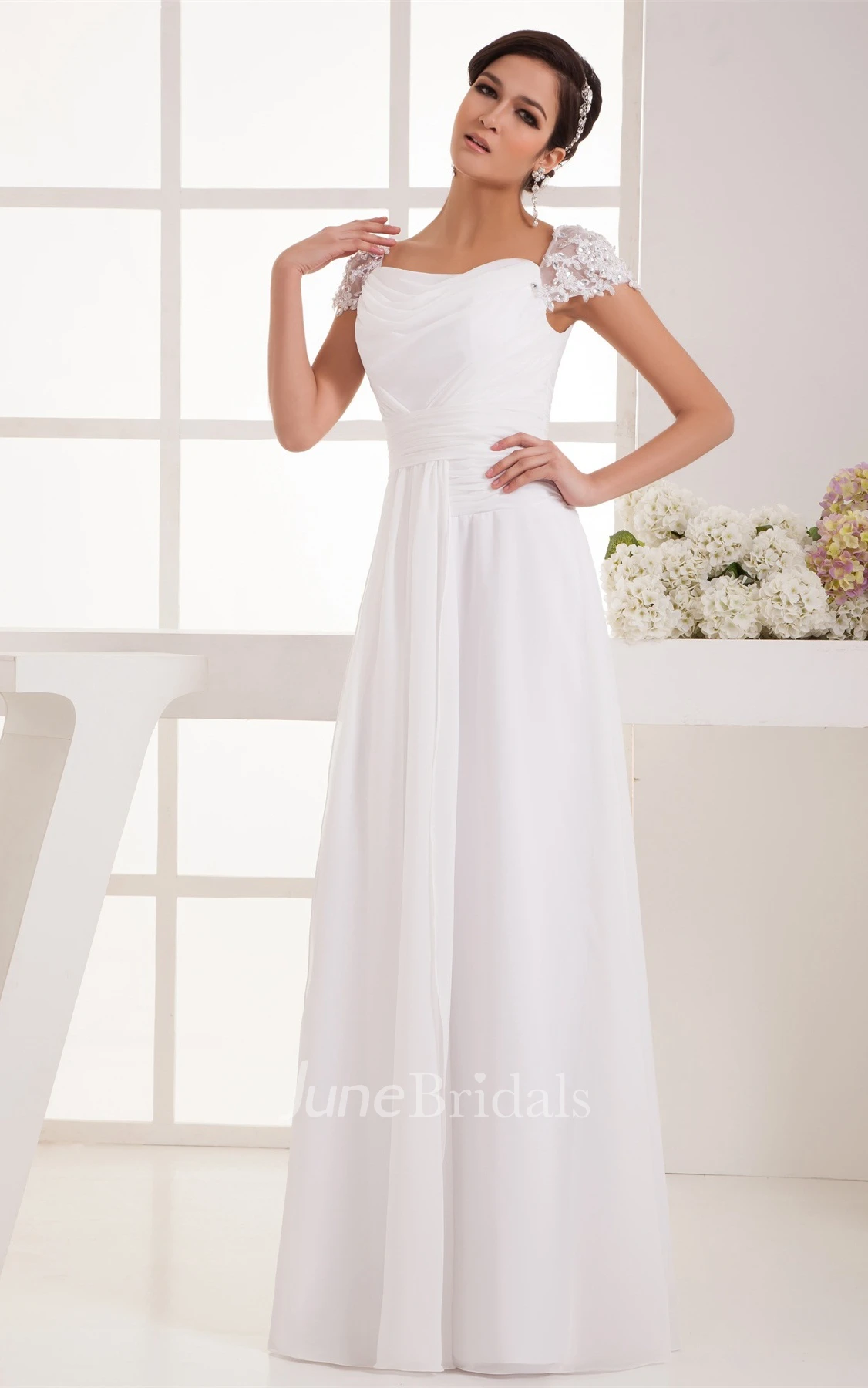 Caped-Sleeve Chiffon Maxi Dress with Ruching and Pleats