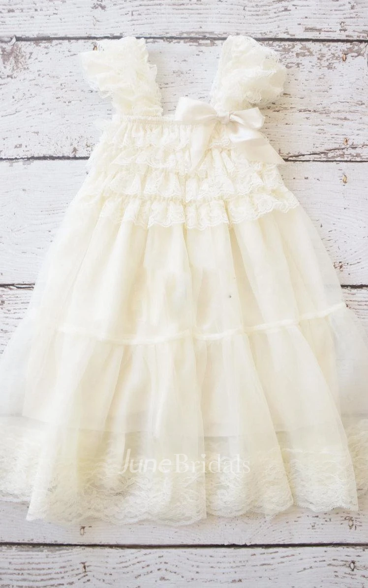 Ruffled Short Sleeve Tulle lace Dress With Flower