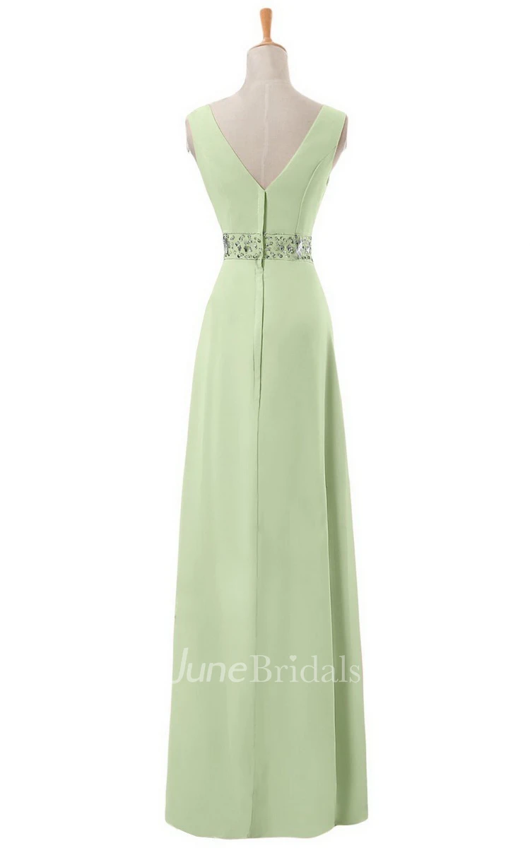 V-neck Long Empire Chiffon Dress With Rhinestones