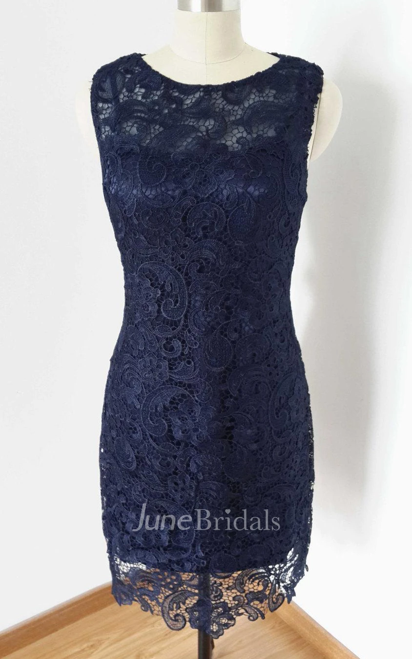 Sheath Navy Blue Lace Short Bridesmaid Dress