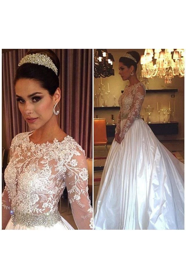 New Arrival Lace Appliques Long Sleeve Satin Wedding Dress Beadings Princess 