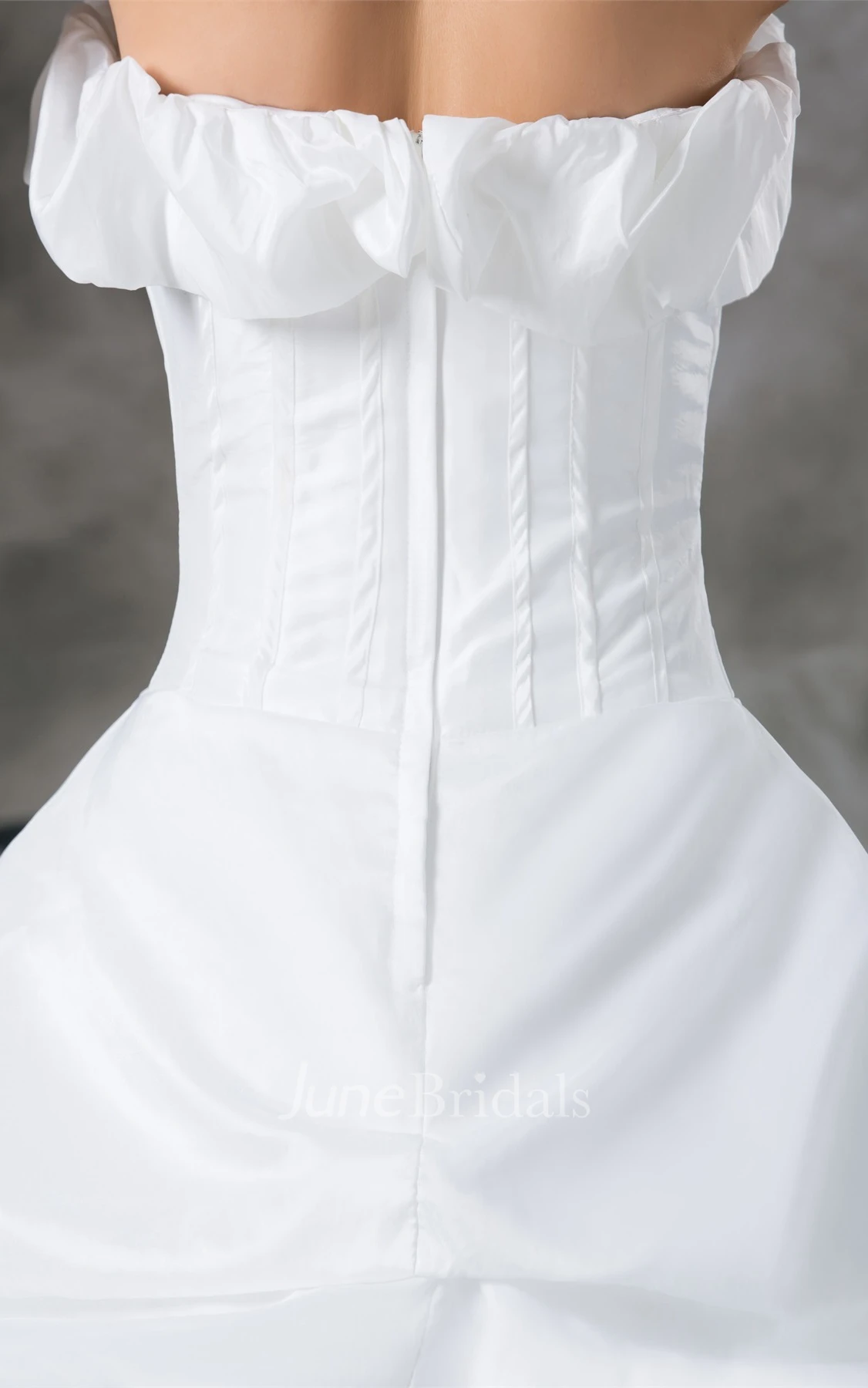 strapless maxi a-line gown with ruffles and pick up