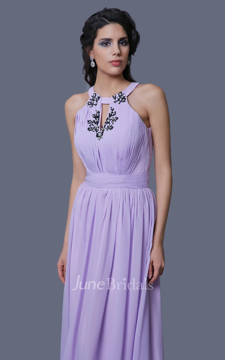 A-Line Sleeveless Chiffon Dress With Keyhole Back and Pleats
