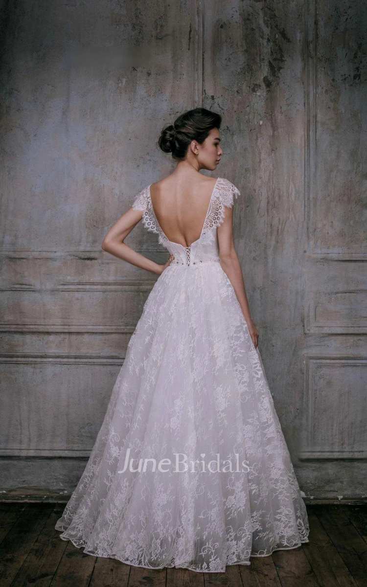 Vintage Tulle Lace Encrusted Belt Low Back Gown